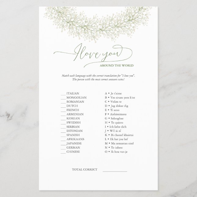 Elegant I Love You Around The World Game & Answers Flyer (Front)