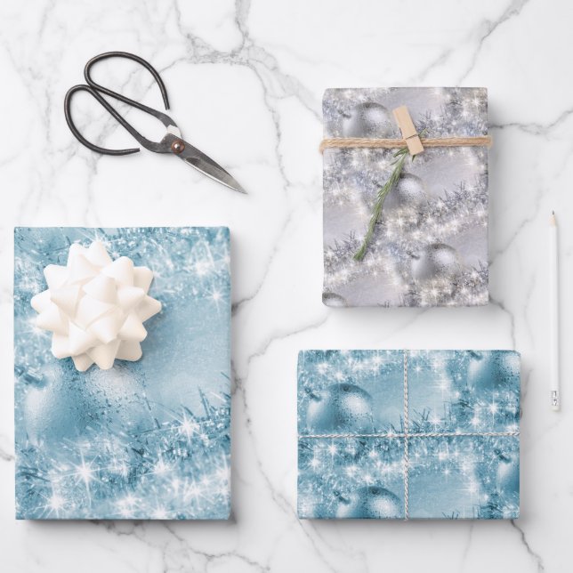 Elegant Ice Blue and Silver Christmas Ball Wrapping Paper Sheet (Front)