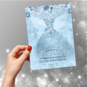 Elegant ice blue glitter floral gown Quinceanera Invitation