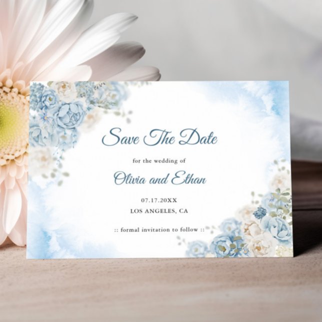 Elegant Ice Blue Ivory Rose Flowers Wedding Save The Date (Creator Uploaded)