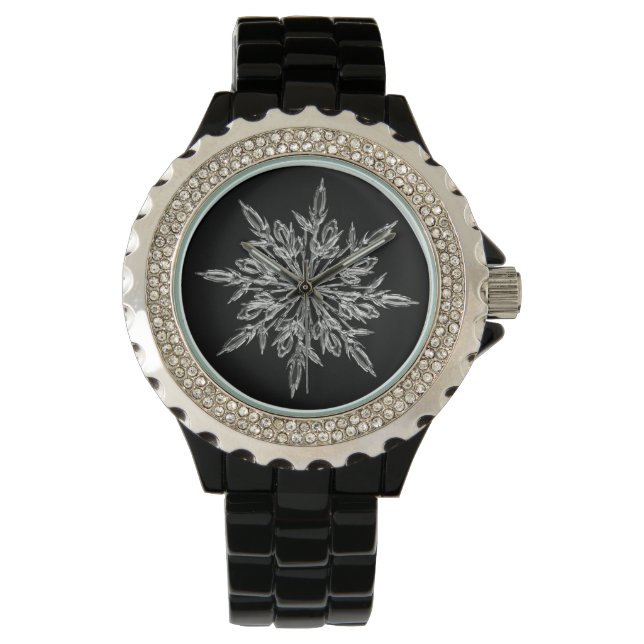 Elegant Ice Crystal Snowflake on Black Watch (Front)