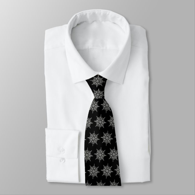 Elegant Ice Crystals Pattern on Black Tie (Tied)
