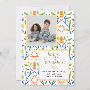 Elegant illustrated Happy Hanukkah Family 1 Photo Holiday Card