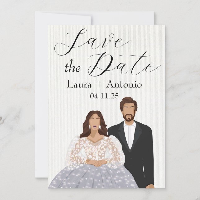 Elegant Illustrated Spanish Couple Save The Date (Front)