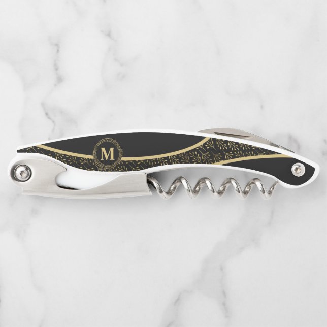 Elegant in Black & Gold Wreath Classic Monogram Corkscrew (Front)