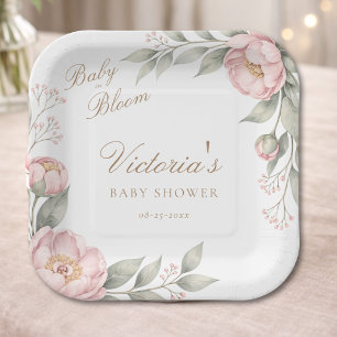 Elegant In Bloom Pink Girl Baby Shower Party Paper Plate
