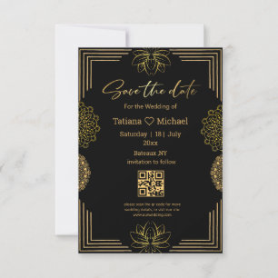 elegant indian black gold geometric qr code save the date