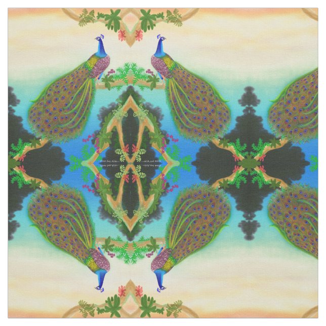 Elegant Indian Blue Peacock in Jungle Fabric (Swatch)