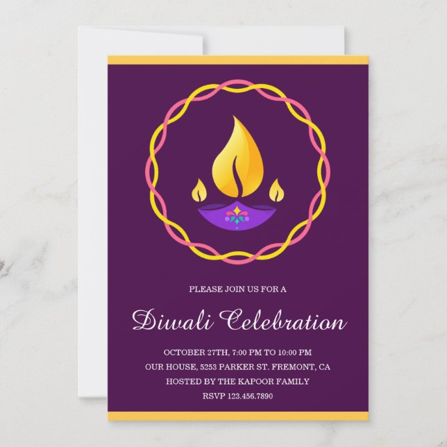 Elegant Indian Diya Lamp Purple Diwali Party Invitation (Front)