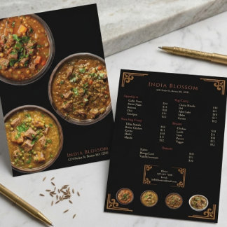 Elegant Indian Restaurant Gold Border Flat Menu