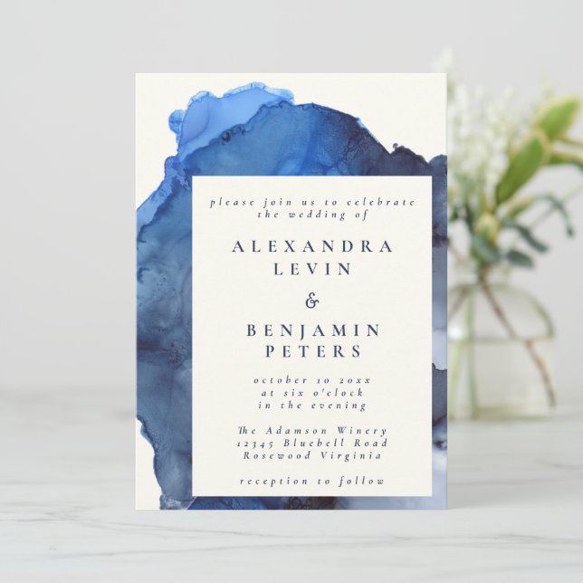 Elegant Indigo Abstract Watercolor Wedding Invitation (Standing Front)