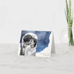 Elegant Indigo Abstract Watercolor Wedding Photo Thank You Card