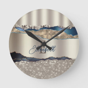 Elegant Indigo Blue Agate Sequins Round Clock