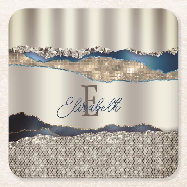 Elegant Indigo Blue Agate Sequins  Square Paper Coaster (Front)