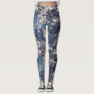 Elegant Indigo Blue Pink Cream Marble Pattern Yoga Leggings