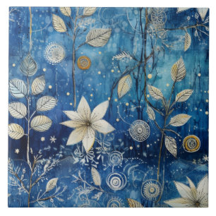 Elegant Indigo Blue Winter Botanical Ceramic Tile
