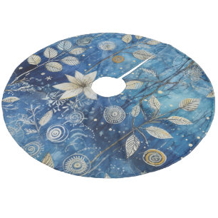 Elegant Indigo Blue Winter Botanical Fleece Tree Skirt
