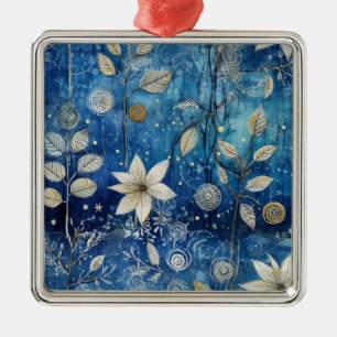 Elegant Indigo Blue Winter Botanical Metal Ornament