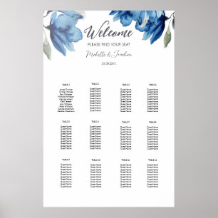 Elegant Indigo Boho Blue Watercolor Guest List Poster