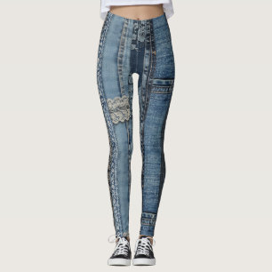 Elegant Indigo Lace Stripe Denim Pattern (2) Leggings