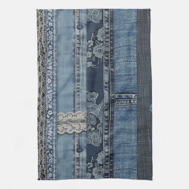 Elegant Indigo Lace Stripe Denim Pattern (2) Tea Towel (Vertical)