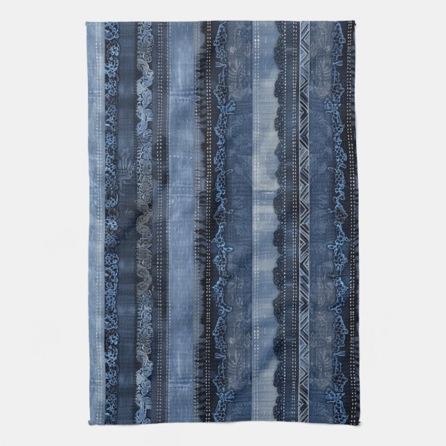 Elegant Indigo Lace Stripe Denim Pattern Tea Towel (Vertical)
