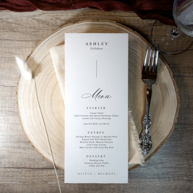 Elegant Individual Guest Names on Each Wedding Menu (Elegant wedding menus with guest names printed on each one at the top in minimalist modern style.)