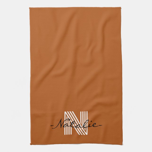 Elegant initial and script Cute brown Minimalist Tea Towel (Vertical)