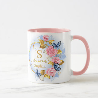 Elegant Initial Floral Butterfly Monogram and Name Mug
