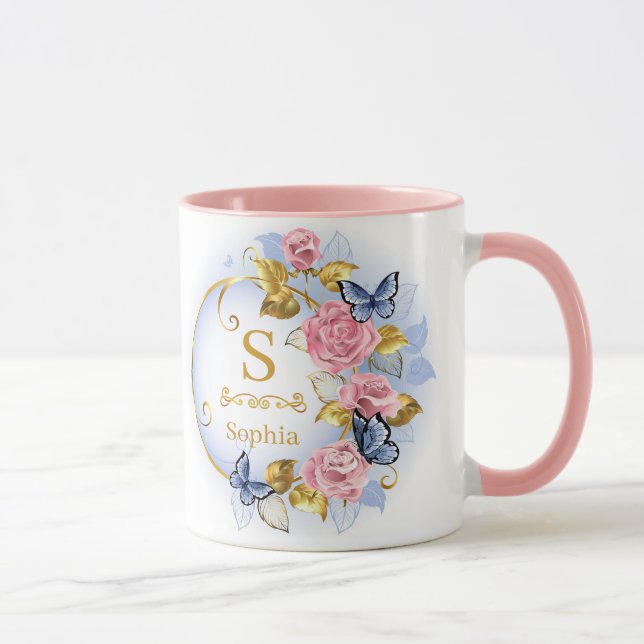 Elegant Initial Floral Butterfly Monogram and Name Mug (Right)