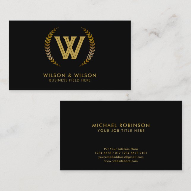 Elegant Initial | Golden Laurel Leaves on Black Business Card (Front/Back)