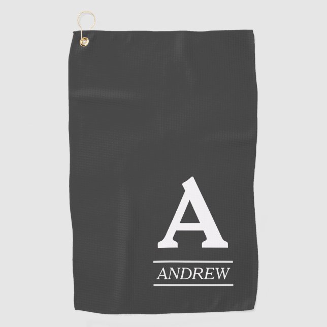 Elegant Initial Letter and Name Grey Golf Towel (Front)