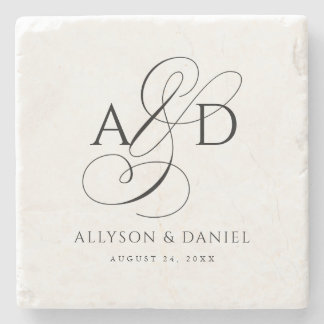 Elegant Initial Script Monogram Classic Newlywed Stone Coaster