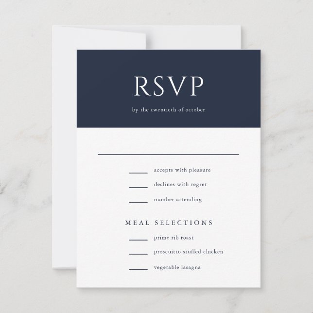 Elegant Initial Script Monogram Navy Blue Wedding RSVP Card (Front)