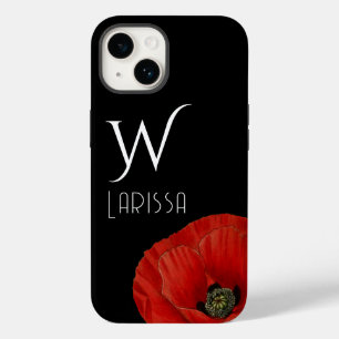 Elegant Initialled Red Poppy on Black  Case-Mate iPhone 14 Case