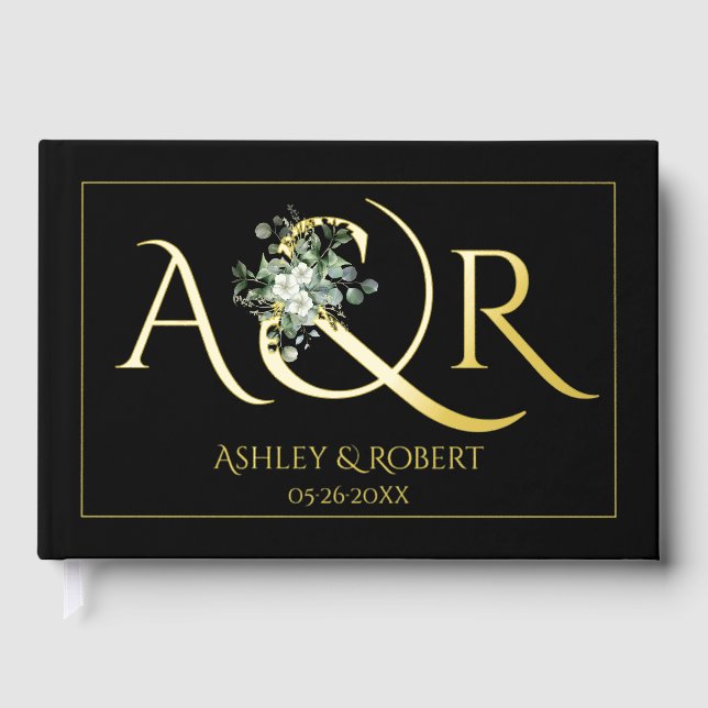 Elegant initials and eucalyptus wedding foil photo guest book (Front)