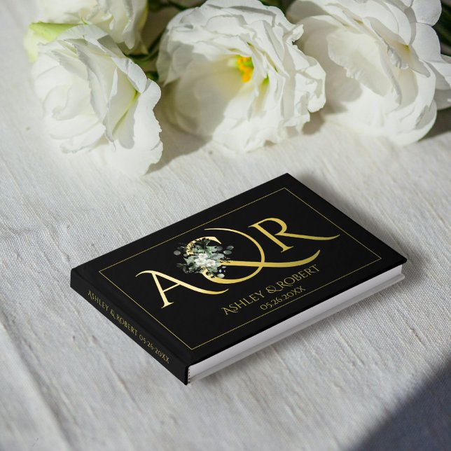 Elegant initials and eucalyptus wedding gold foil guest book (Creator Uploaded)