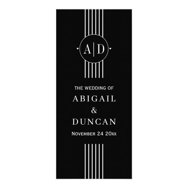 Elegant initials and stripes black wedding program rack card (Front)