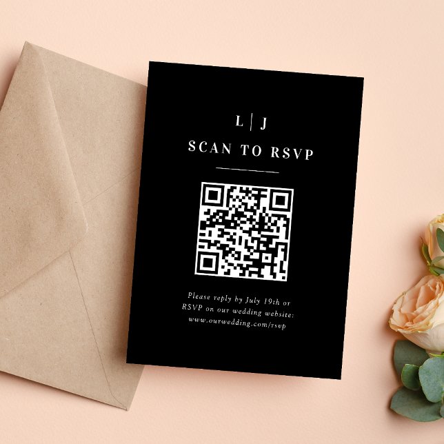 Elegant Initials Black and White Wedding QR Code RSVP Card (Creator Uploaded)