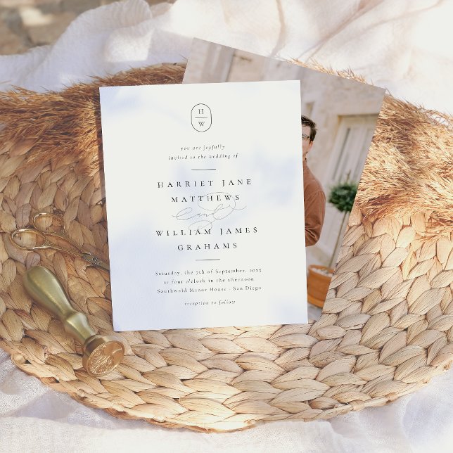 Elegant Initials Black White Budget Photo Wedding (Card Front & Back Mock-up)