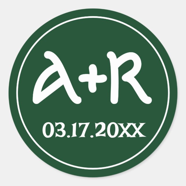 Elegant initials celtic font green wedding classic round sticker (Front)