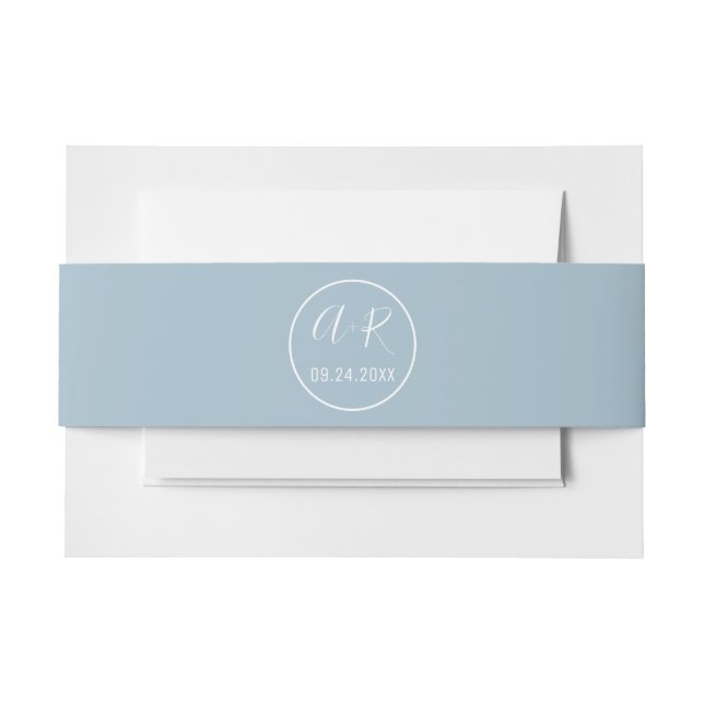 Elegant initials dusty blue wedding invitation belly band (Front Example)