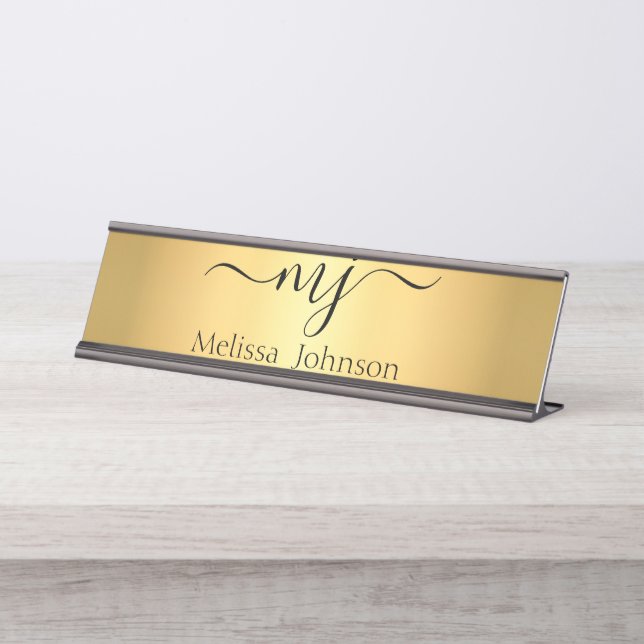 Elegant initials on gold   desk name plate (Front)