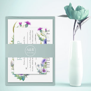 Elegant initials opal bluish green wedding invitation belly band