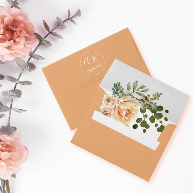 Elegant initials peach coral flowers wedding envelope (Creator Uploaded)