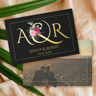 Elegant initials, pink roses black wedding photo guest book