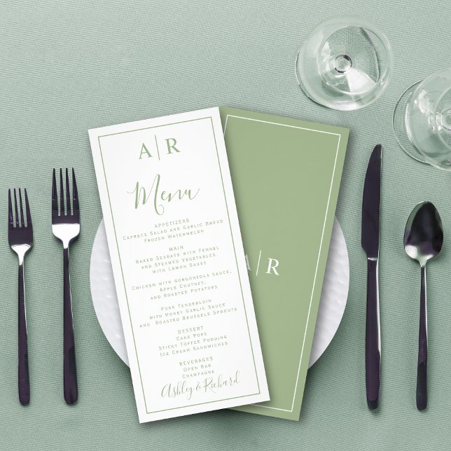 Elegant initials sage green wedding menu card (Creator Uploaded)