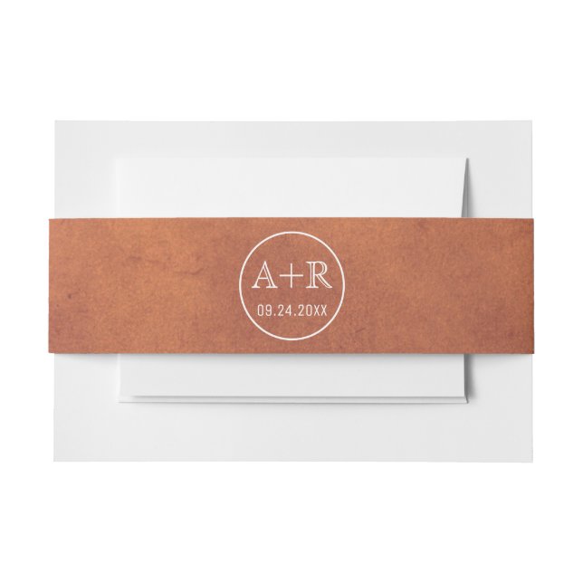 Elegant initials stained terracotta wedding invitation belly band (Front Example)