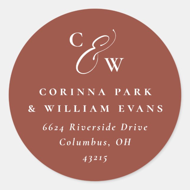 Elegant initials terracotta fall wedding address classic round sticker (Front)