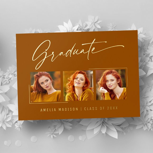 Elegant Ink Script 3 Photo Grad Burnt Orange Card (Creator Uploaded)